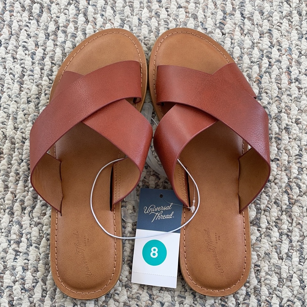 BRAND NEW brown faux leather cross slides